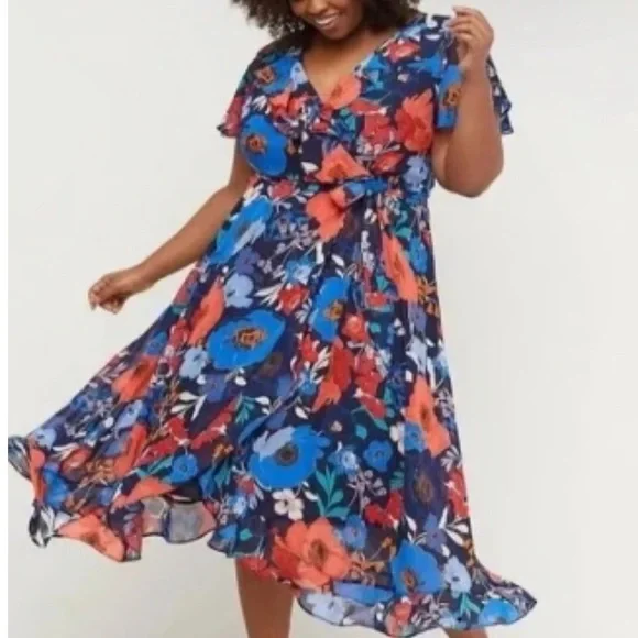 Lane Bryant Navy Floral Ruffle Faux Wrap Fit & Flare Midi Dress Women’s 22 - Picture 3 of 4